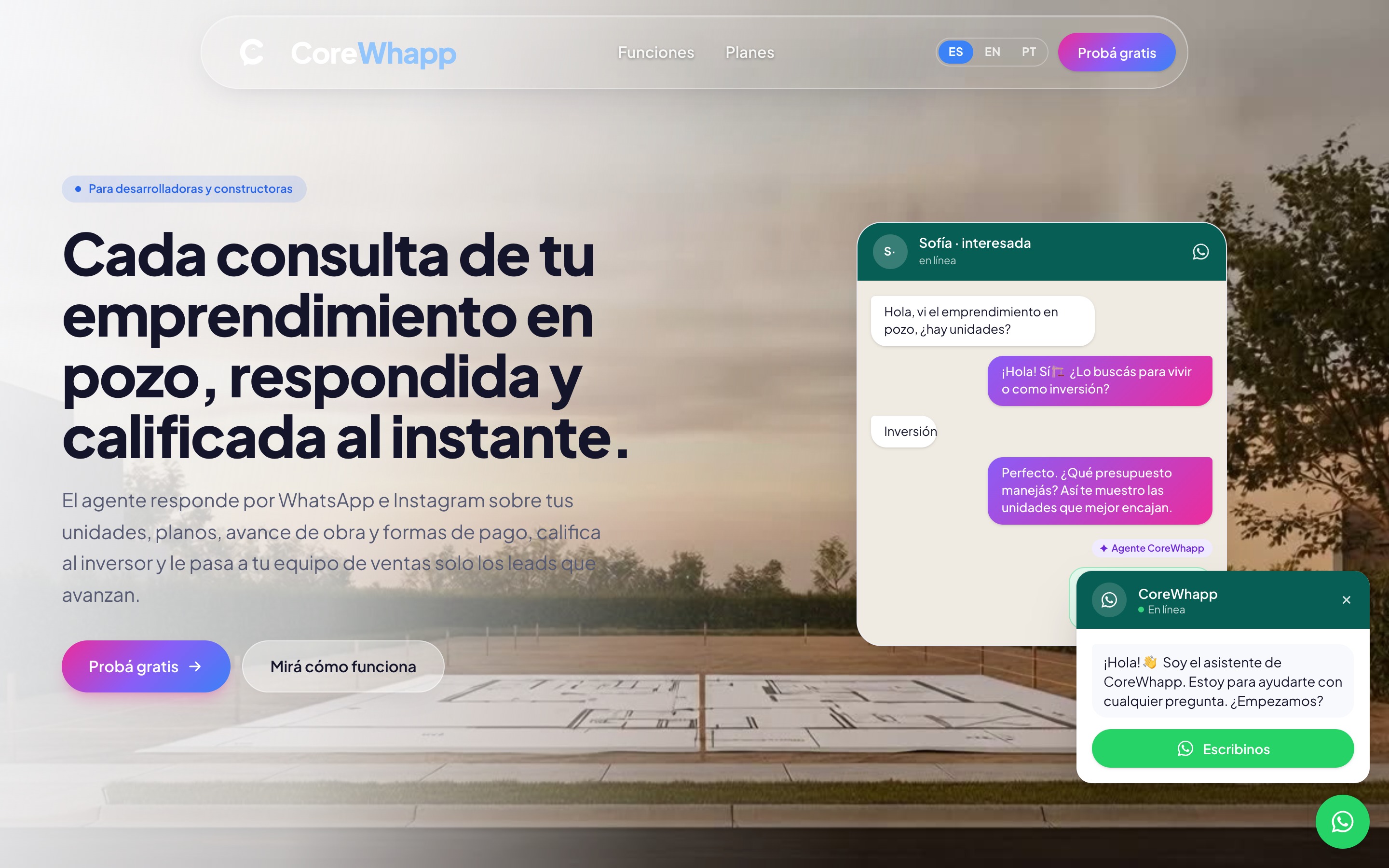Landing de CoreWhapp para desarrolladoras, diseñada y construida por Webio.