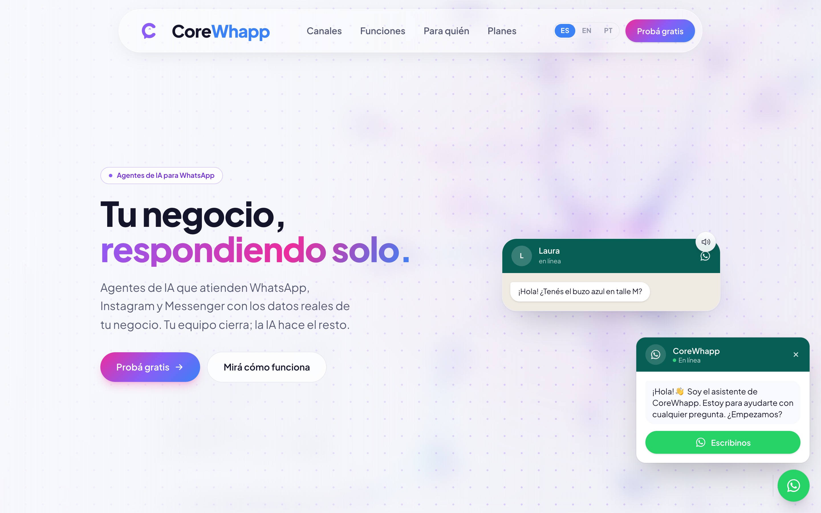 Portada de CoreWhapp, diseñada y construida por Webio.