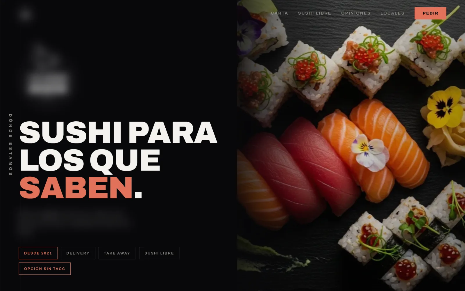 Landing para un delivery de sushi, con el titular "Sushi para los que saben" sobre una fotografía de nigiris y rolls en piedra oscura, tipografía blanca y naranja, y menú superior con botón de pedido.